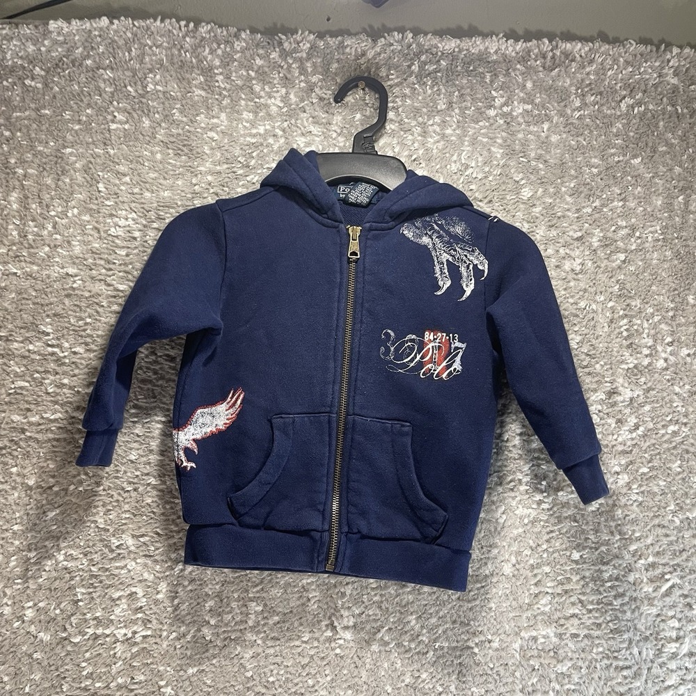 Vintage Polo By Ralph Lauren Toddler 2 Full Zip Graphic‎ Print Blue Hoodie